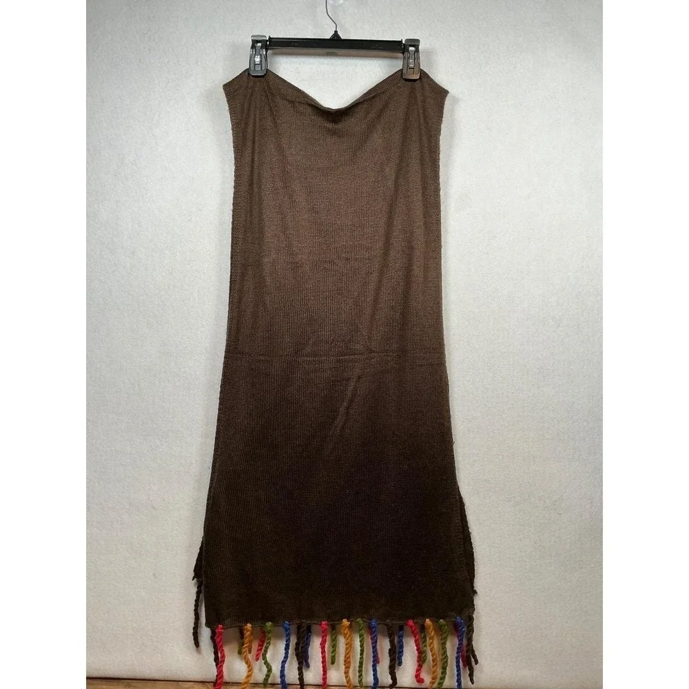 Boho Embroidered Knit Fringe Scarf Shawl Brown Multi Color Tribal Pattern 19x75